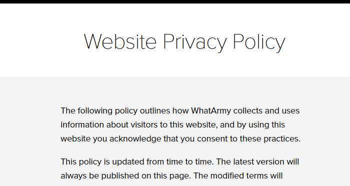 Example screenshot of WhatArmy's Privacy Policy